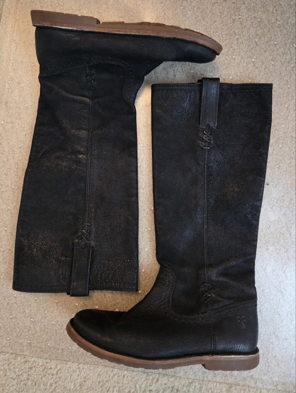 Frye Size 7 Black Leather Riding Boots Celia Stitch Tall Knee High Equestrian